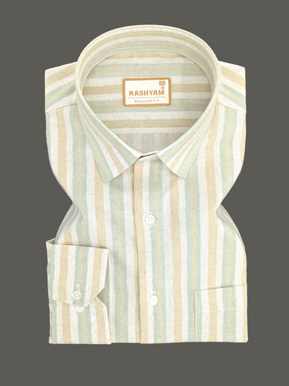 Orvieto Luxurious Linen Cotton Cream With Beige And Pale Sage Green Stripes Formal Shirt