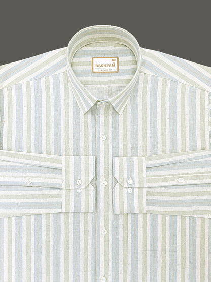 Orvieto Luxurious Linen Cotton Cream With Light Green And Light Grey-Blue Stripes Formal Shirts