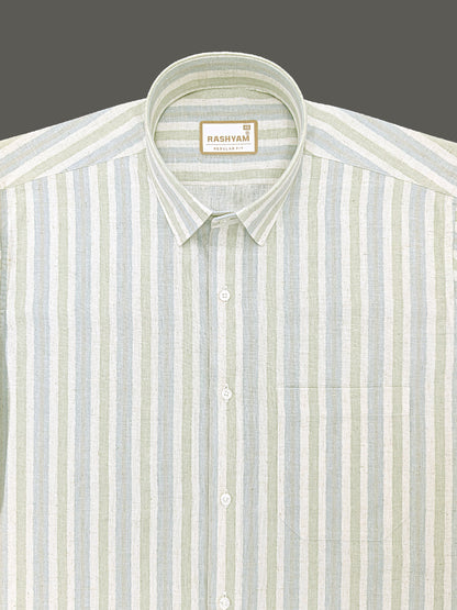 Orvieto Luxurious Linen Cotton Cream With Light Green And Light Grey-Blue Stripes Formal Shirts