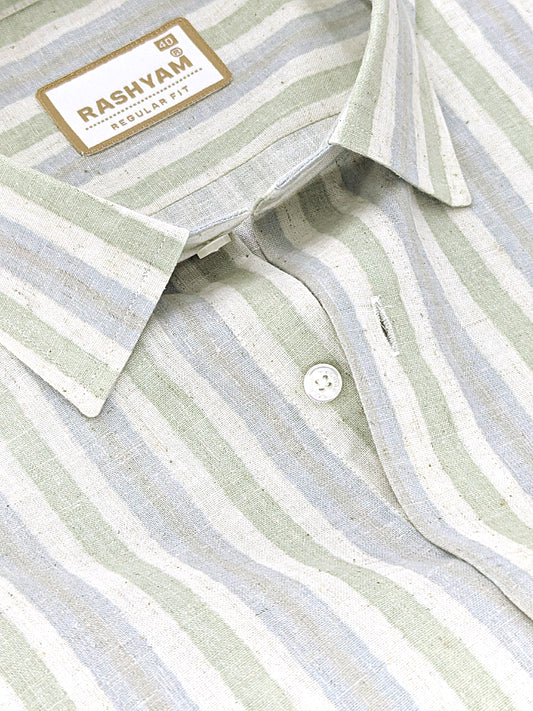 Orvieto Luxurious Linen Cotton Cream With Light Green And Light Grey-Blue Stripes Formal Shirts