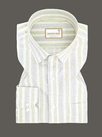 Orvieto Luxurious Linen Cotton Cream With Light Green And Light Grey-Blue Stripes Formal Shirts