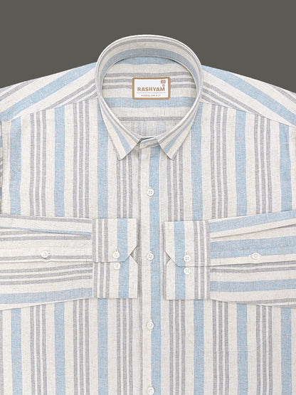 Orvieto Luxurious Linen Cotton Cream With Light Blue And Light Grey Stripes Formal Shirts
