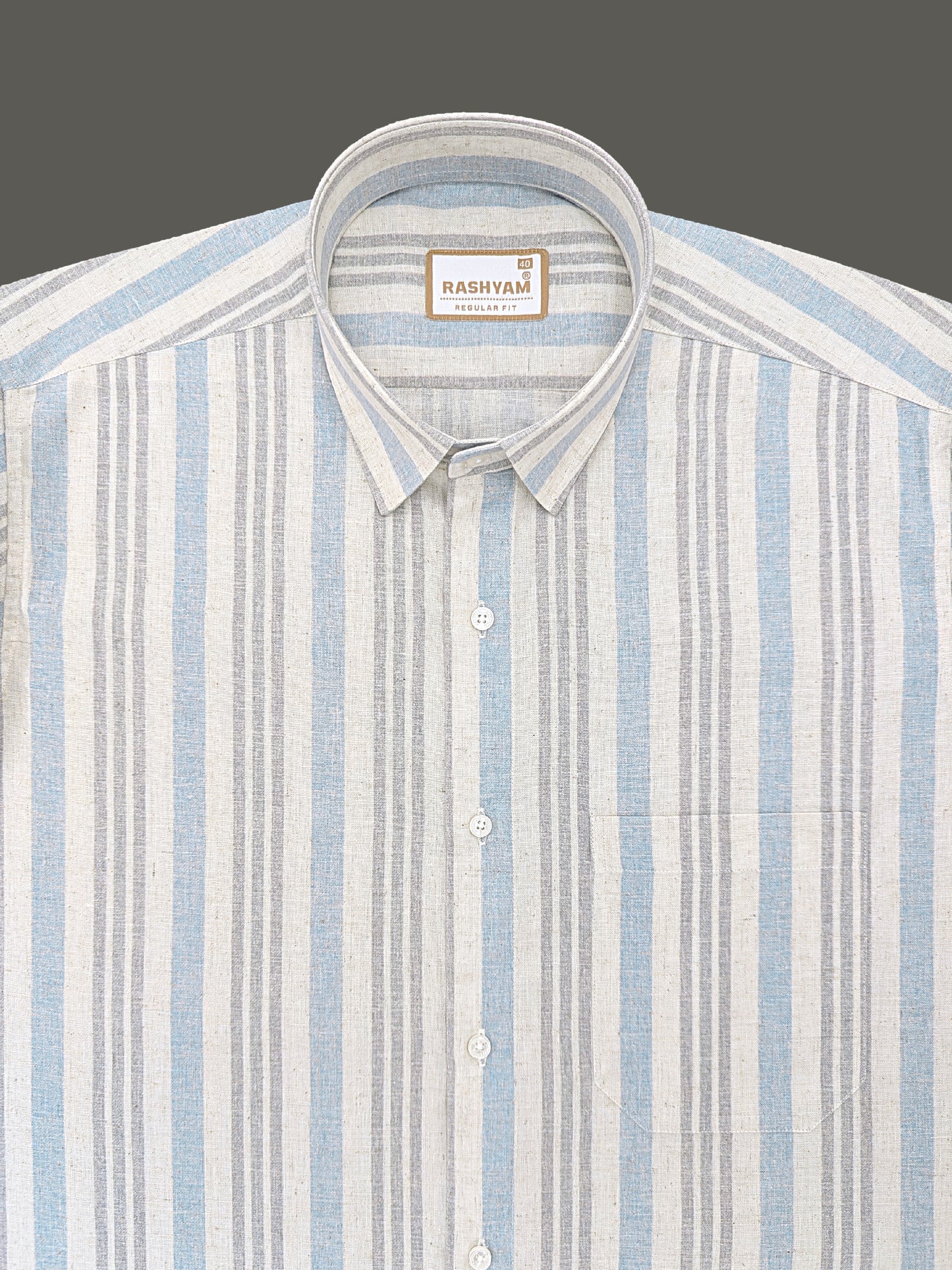 Orvieto Luxurious Linen Cotton Cream With Light Blue And Light Grey Stripes Formal Shirts