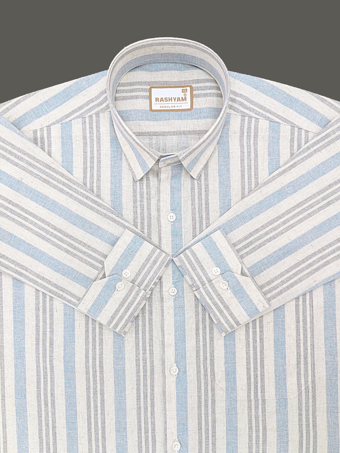 Orvieto Luxurious Linen Cotton Cream With Light Blue And Light Grey Stripes Formal Shirts