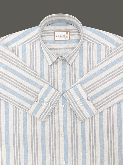 Orvieto Luxurious Linen Cotton Cream With Light Blue And Light Grey Stripes Formal Shirts