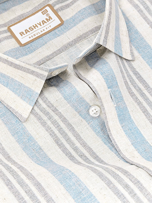 Orvieto Luxurious Linen Cotton Cream With Light Blue And Light Grey Stripes Formal Shirts