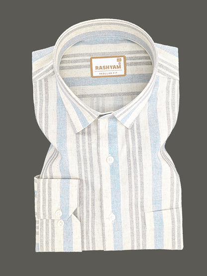 Orvieto Luxurious Linen Cotton Cream With Light Blue And Light Grey Stripes Formal Shirts