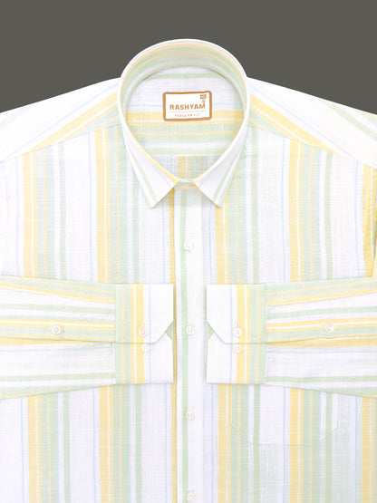 Positano Luxurious Linen Cotton Yellow Green Sky Blue Stripes On White Formal Shirt