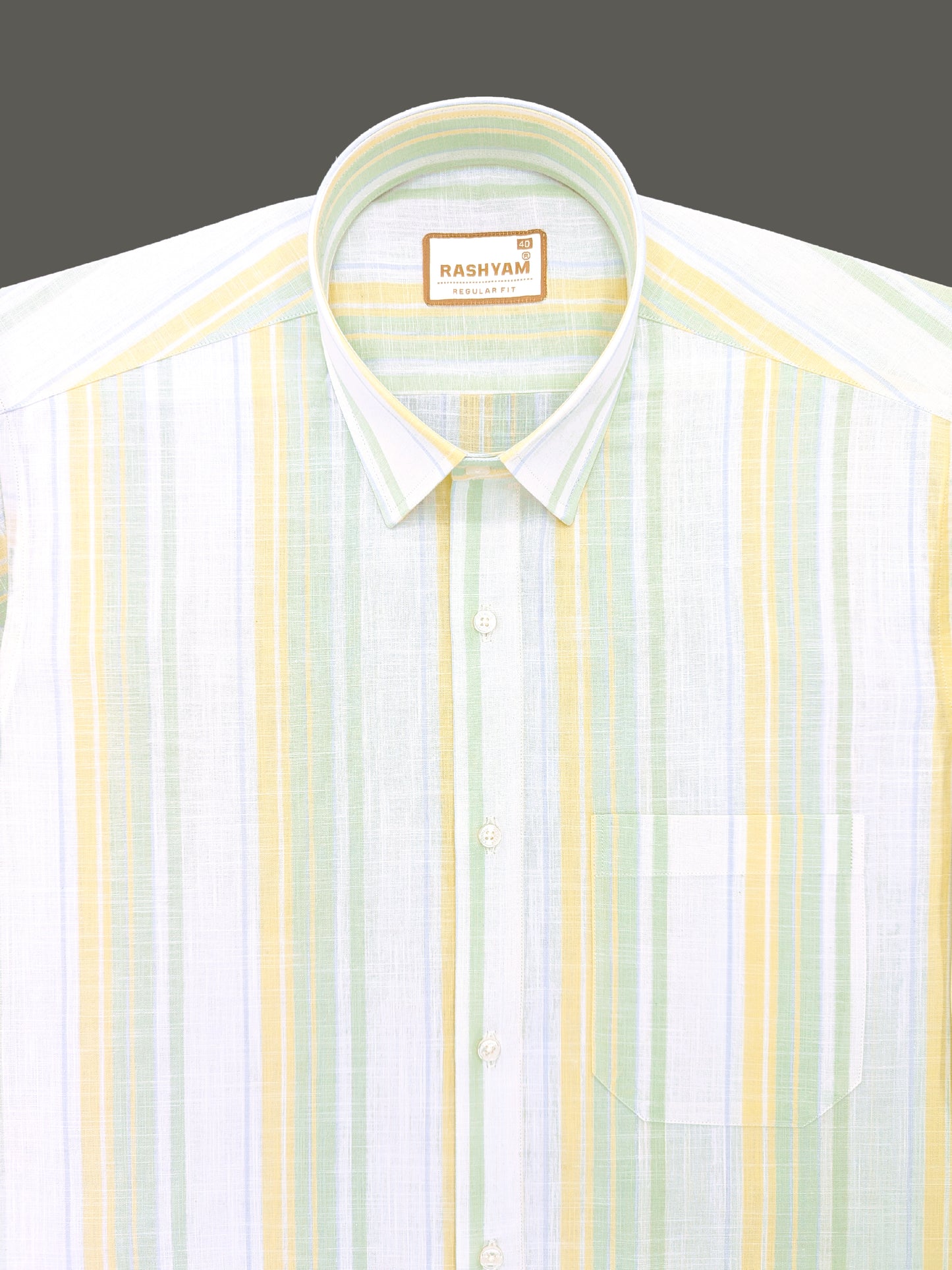 Positano Luxurious Linen Cotton Yellow Green Sky Blue Stripes On White Formal Shirt