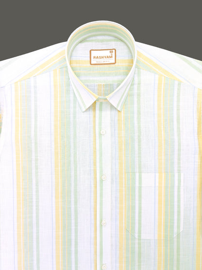 Positano Luxurious Linen Cotton Yellow Green Sky Blue Stripes On White Formal Shirt