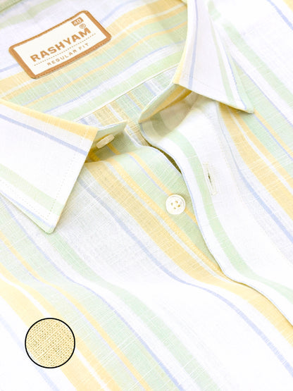 Positano Luxurious Linen Cotton Yellow Green Sky Blue Stripes On White Formal Shirt