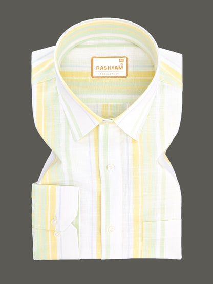 Positano Luxurious Linen Cotton Yellow Green Sky Blue Stripes On White Formal Shirt