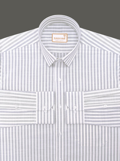 Light Grey Stripes On White Premium Linen Shirt