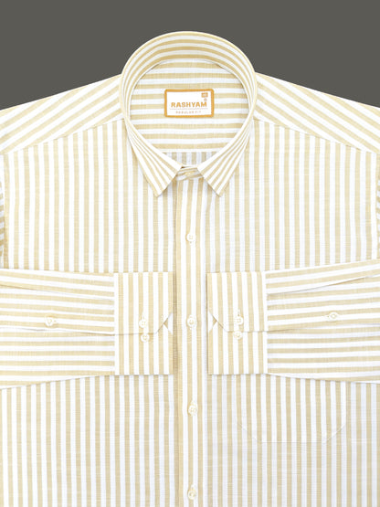 Beige And White Narrow Stripes On White Premium Linen Shirt