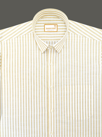 Beige And White Narrow Stripes On White Premium Linen Shirt