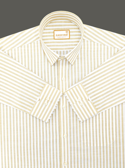 Beige And White Narrow Stripes On White Premium Linen Shirt