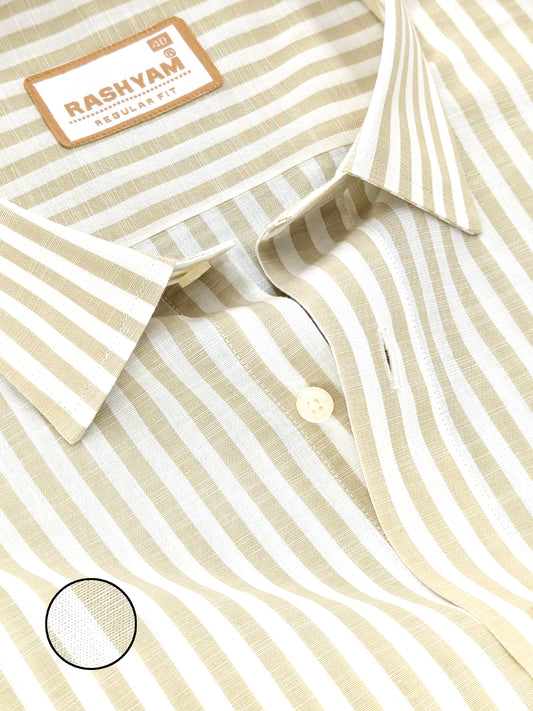 Beige And White Narrow Stripes On White Premium Linen Shirt