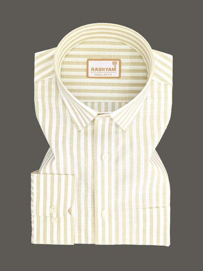 Beige And White Narrow Stripes On White Premium Linen Shirt