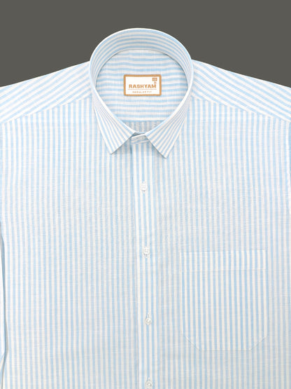 Light Blue Line On White Luxurious Italian Linen Shirt