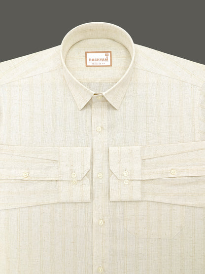 Light Brown Line On Cream Natural Linen Shirt For Men