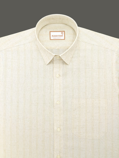 Light Brown Line On Cream Natural Linen Shirt For Men