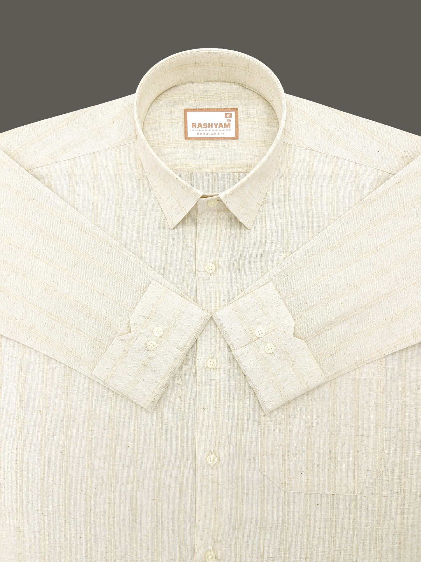 Light Brown Line On Cream Natural Linen Shirt For Men