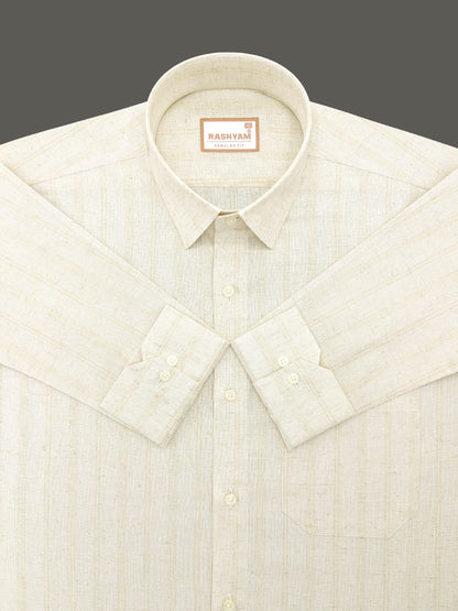 Light Brown Line On Cream Natural Linen Shirt For Men