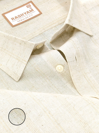 Light Brown Line On Cream Natural Linen Shirt For Men