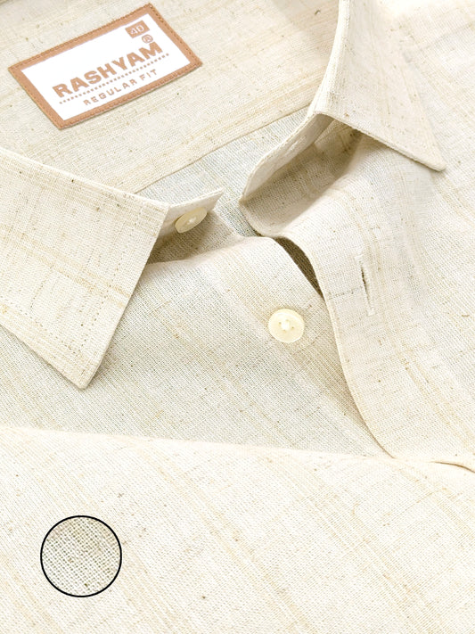 Light Brown Line On Cream Natural Linen Shirt For Men