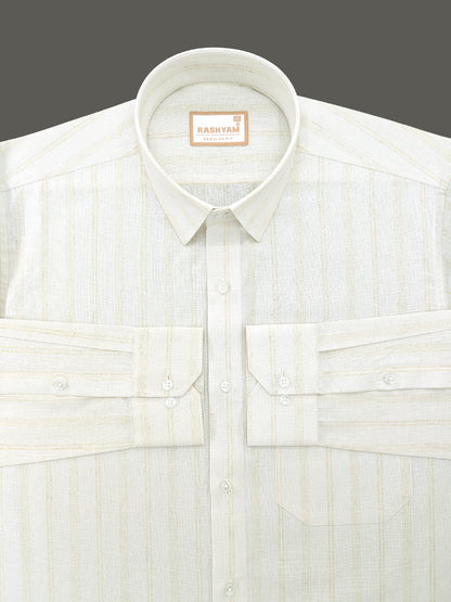 Browny Line On Cream Luxurious Linen Shirt for Men
