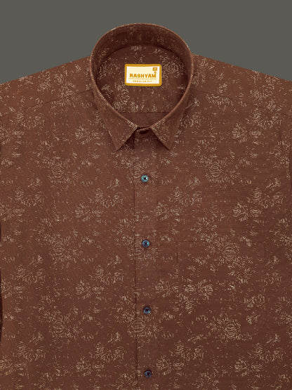 Premium Linen Cotton Micro Dot Abstract Print on Chocolate Brown Shirt For Men