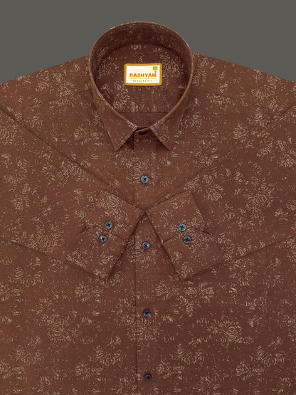 Premium Linen Cotton Micro Dot Abstract Print on Chocolate Brown Shirt For Men