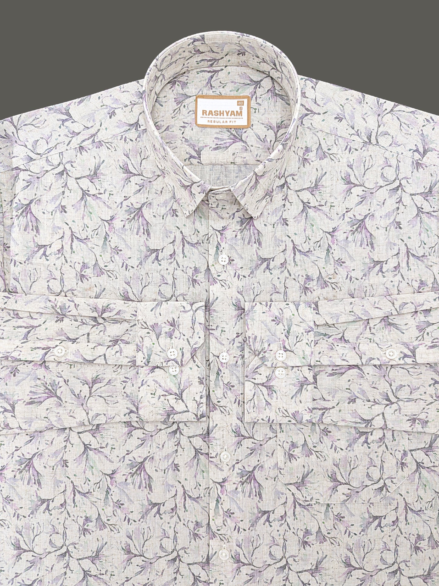 Premium Linen Cotton Lavender Meadow Vine Print On Cream Shirt For Men