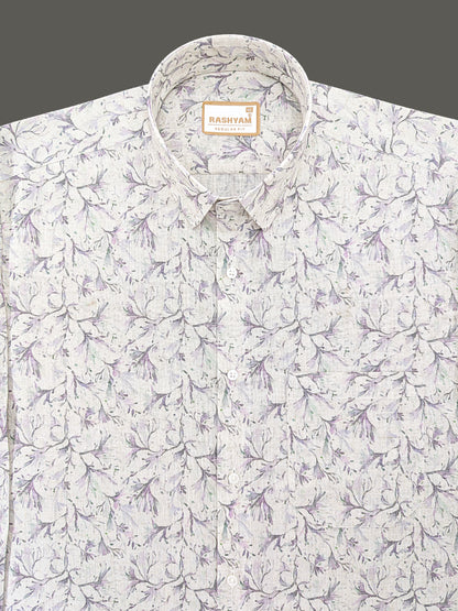 Premium Linen Cotton Lavender Meadow Vine Print On Cream Shirt For Men