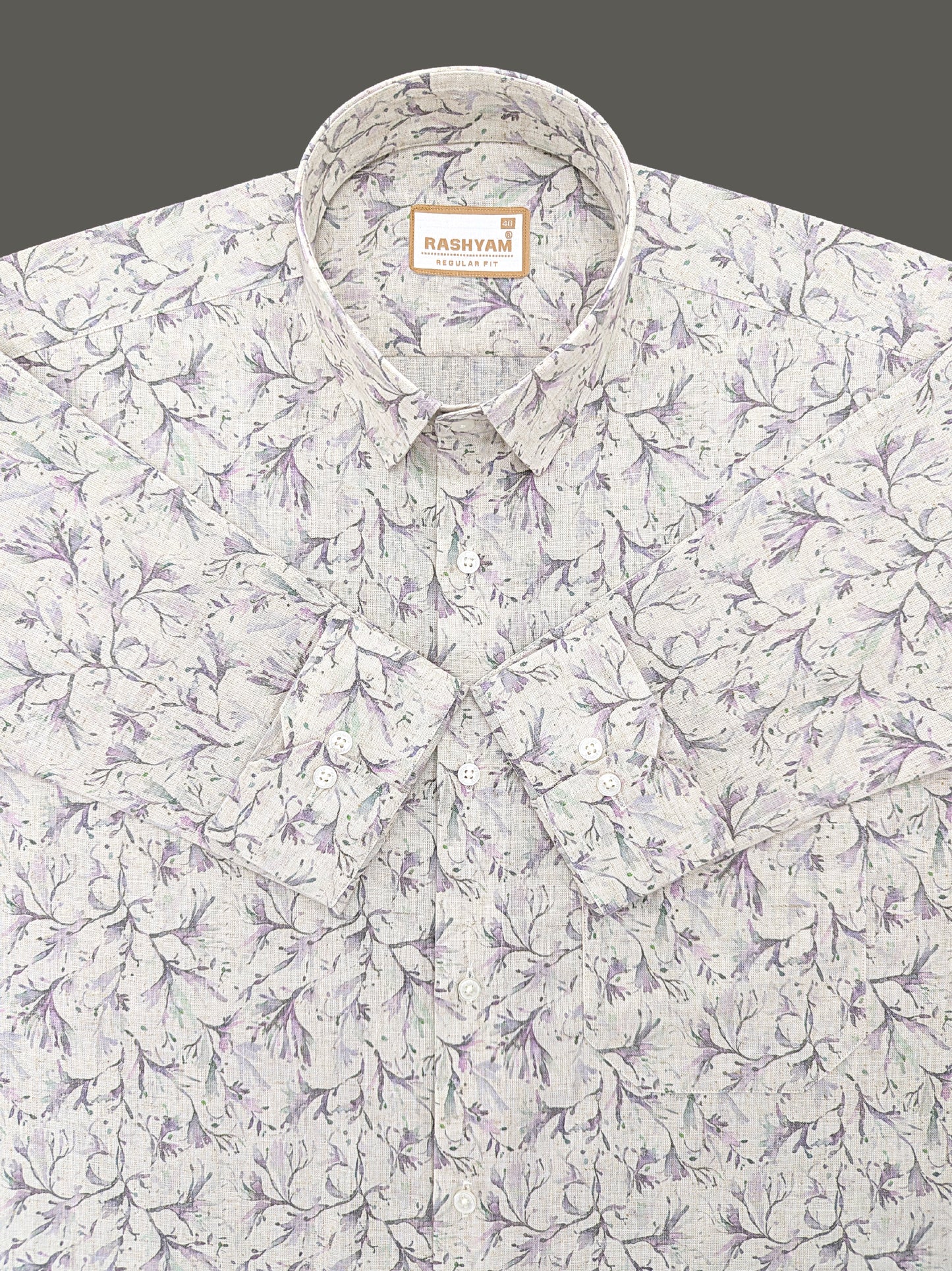Premium Linen Cotton Lavender Meadow Vine Print On Cream Shirt For Men