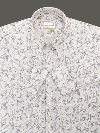 Premium Linen Cotton Lavender Meadow Vine Print On Cream Shirt For Men