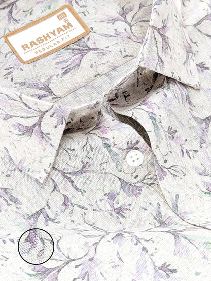 Premium Linen Cotton Lavender Meadow Vine Print On Cream Shirt For Men