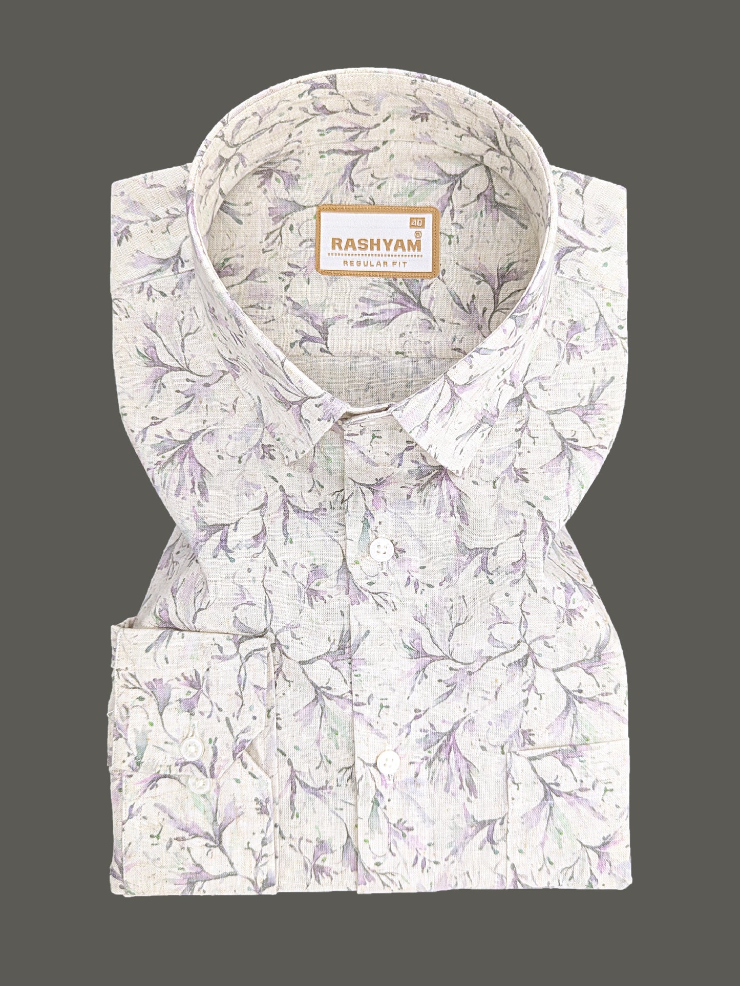 Premium Linen Cotton Lavender Meadow Vine Print On Cream Shirt For Men
