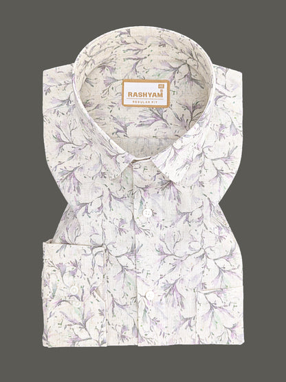 Premium Linen Cotton Lavender Meadow Vine Print On Cream Shirt For Men