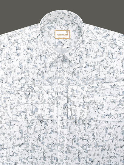 Premium Linen Cotton Abstract Mist Print On White Shirt For men