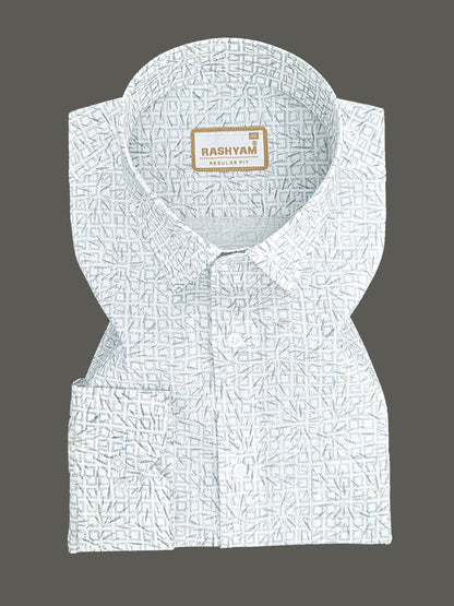Premium Linen Cotton Arctic Geometry Print On White Shirt for men