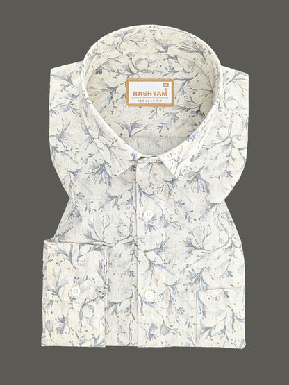 Premium Linen Cotton Floral Veil Print On Cream Shirt For Men
