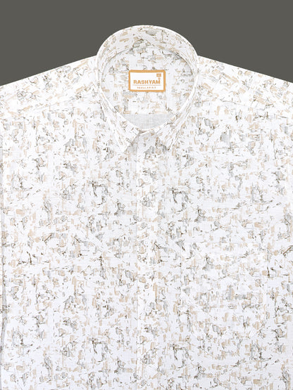 Premium Linen Cotton Latte Mist Print On White Shirt For Men