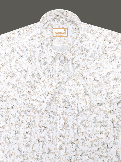 Premium Linen Cotton Latte Mist Print On White Shirt For Men