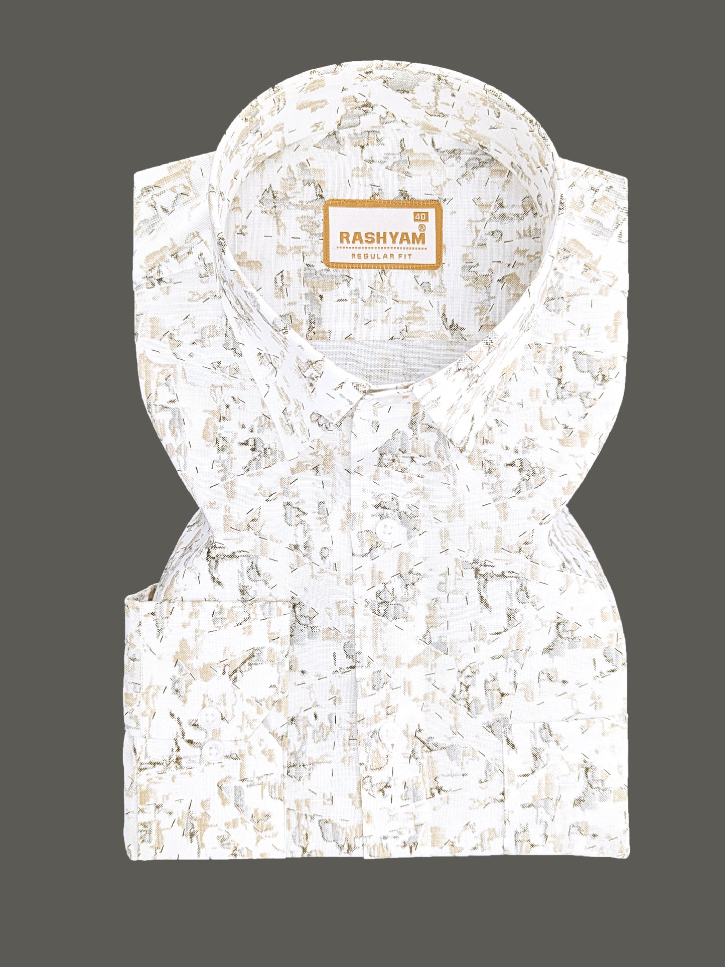 Premium Linen Cotton Latte Mist Print On White Shirt For Men