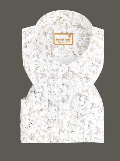 Premium Linen Cotton Latte Mist Print On White Shirt For Men