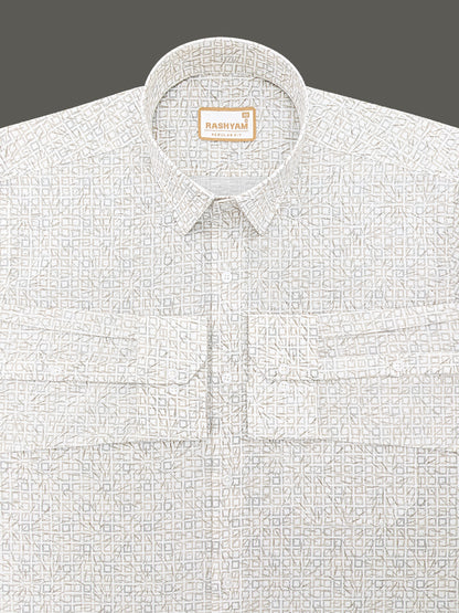Premium Linen Cotton Abstract Tribal Geo Pattern On White Shirt for men