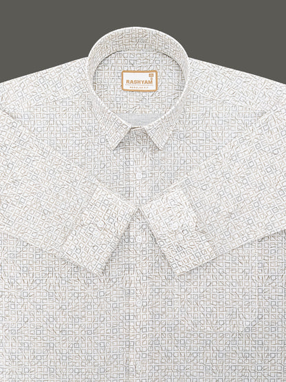 Premium Linen Cotton Abstract Tribal Geo Pattern On White Shirt for men
