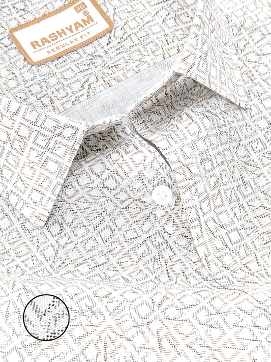 Premium Linen Cotton Abstract Tribal Geo Pattern On White Shirt for men