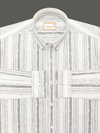 Premium Linen Cotton Black And Brown Multi Line on Cream Formal Shirt